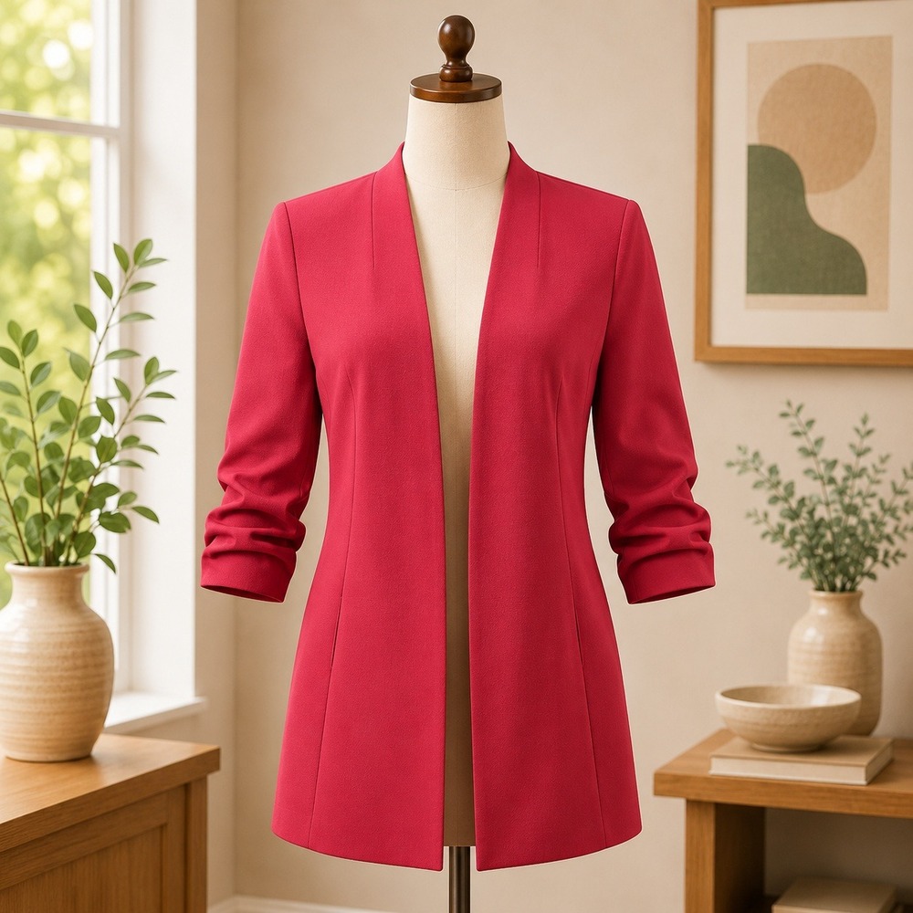 Shines&star Womens Open Front‎ Ruched Sleeve Blazer Jacket Burgundy Red XL